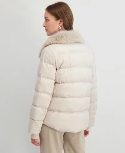 Tahari Vera Faux Fur Trim Hooded Puffer Coat In Neutral