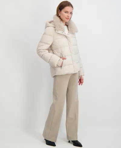 Tahari Vera Faux Fur Trim Hooded Puffer Coat In Neutral