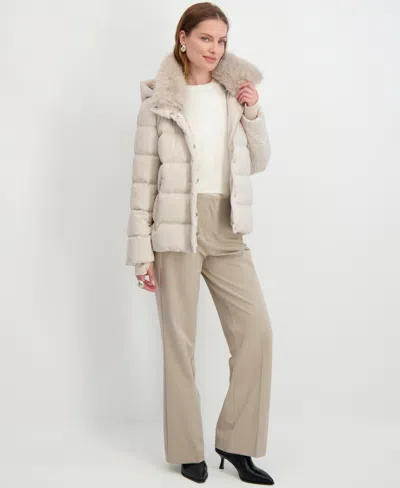Tahari Vera Faux Fur Trim Hooded Puffer Coat In Neutral