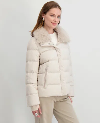 Tahari Vera Faux Fur Trim Hooded Puffer Coat In Neutral