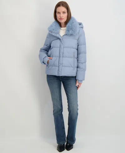 Tahari Vera Faux Fur Trim Hooded Puffer Coat In Blue