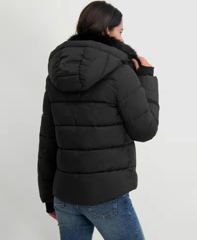 Tahari Vera Faux Fur Trim Hooded Puffer Coat In Black
