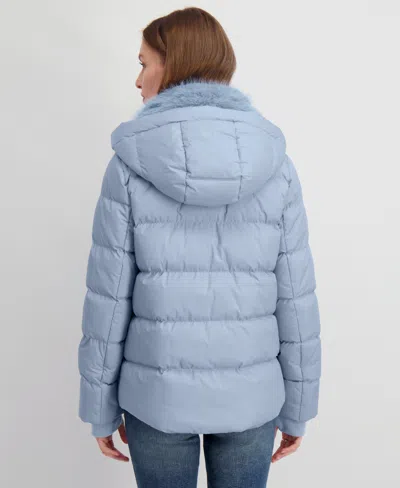 Tahari Vera Faux Fur Trim Hooded Puffer Coat In Blue