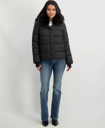 Tahari Vera Faux Fur Trim Hooded Puffer Coat In Black