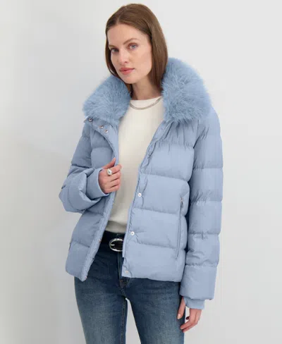 Tahari Vera Faux Fur Trim Hooded Puffer Coat In Blue