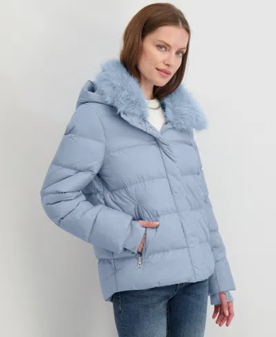 Tahari Vera Faux Fur Trim Hooded Puffer Coat In Blue