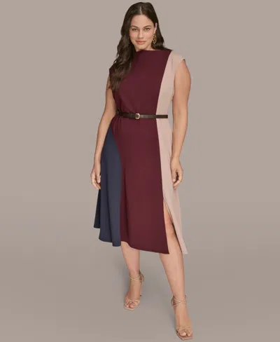 Donna Karan Color Block A Line Dress In Burgundy