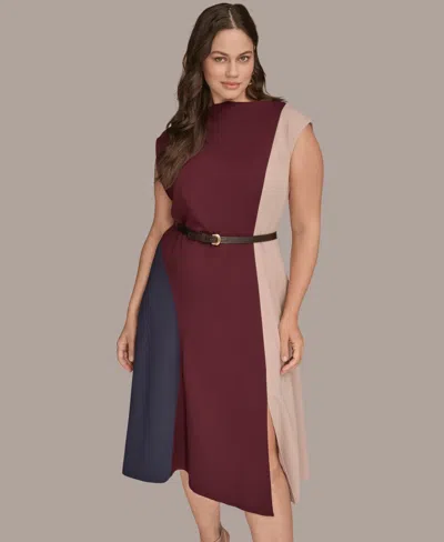 Donna Karan Color Block A Line Dress In Burgundy