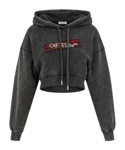 Off-white Cropped Hoodie Plaid Patch In Brown