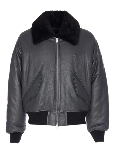 Ami Alexandre Mattiussi Leather Bomber Jacket Shearling Collar In Gray