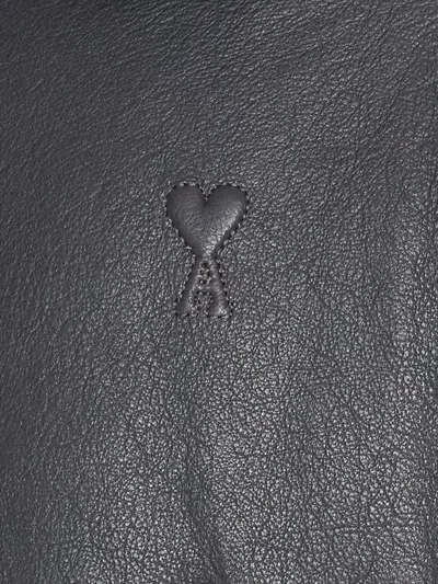 Ami Alexandre Mattiussi Leather Bomber Jacket Shearling Collar In Gray