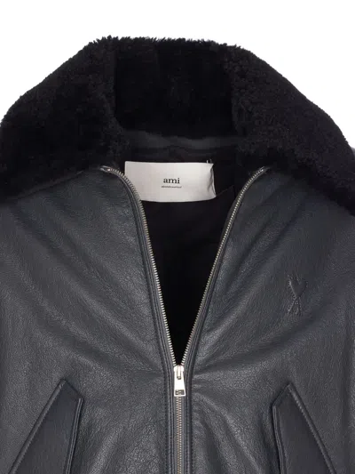 Ami Alexandre Mattiussi Leather Bomber Jacket Shearling Collar In Gray