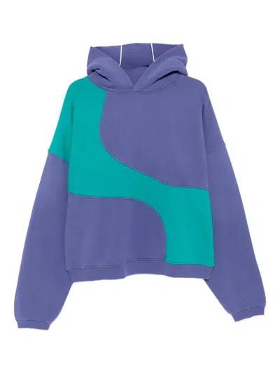 Erl Hooded Color Block Sweatshirt With Ribbed Cuffs And Hem In Blue