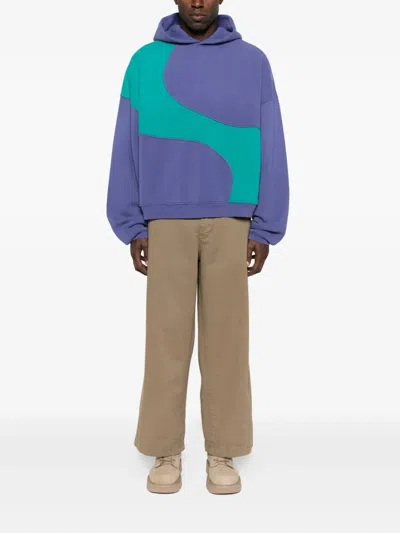 Erl Hooded Color Block Sweatshirt With Ribbed Cuffs And Hem In Blue