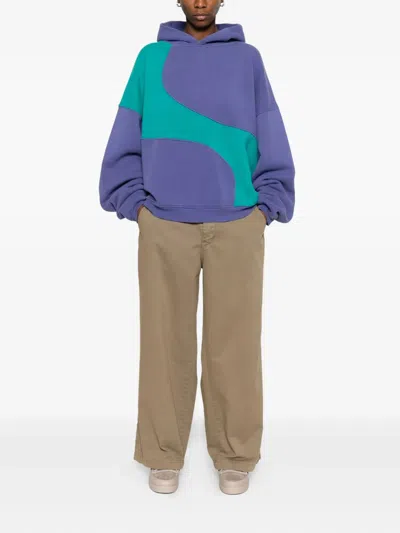 Erl Hooded Color Block Sweatshirt With Ribbed Cuffs And Hem In Blue
