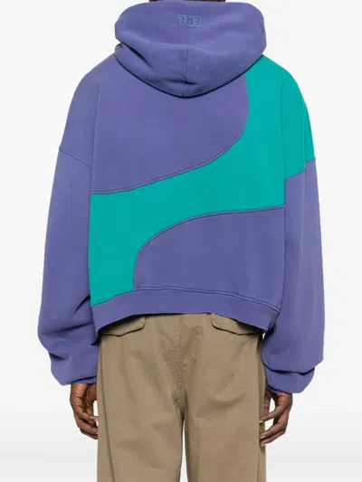Erl Hooded Color Block Sweatshirt With Ribbed Cuffs And Hem In Blue