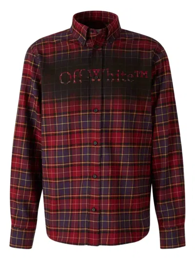 Off-white Bordeaux Shirt With Maxi Logo Lettering On The Front And All-over Check Motif In Wool Man In Red