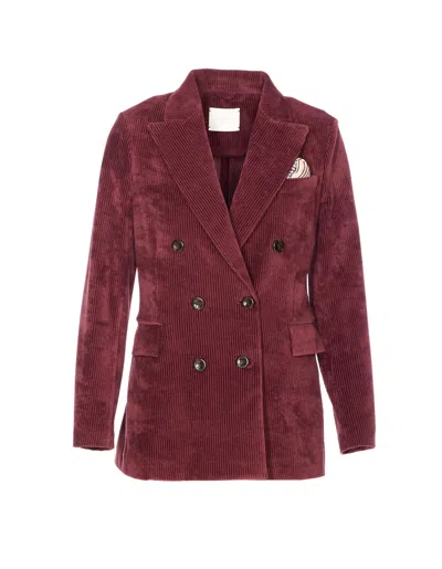 Circolo 1901 Structured Double-breasted Corduroy Jacket With Striped Pocket Square In Red