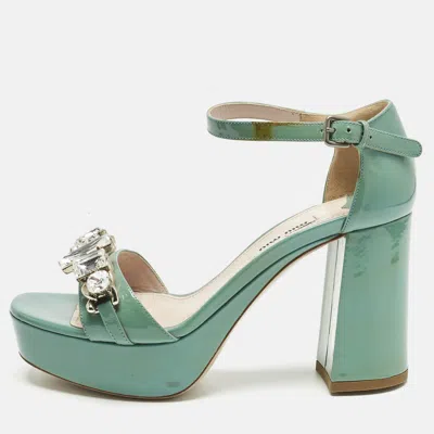 Pre-owned Miu Miu Light Green Patent Leather Crystals Embellished Platform Sandals Size 36.5