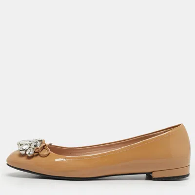 Pre-owned Miu Miu Beige Patent Leather Crystal Embellished Ballet Flats Size 36.5 In Sand