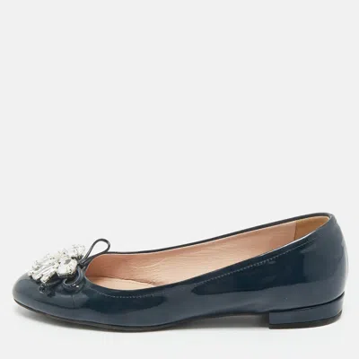 Pre-owned Miu Miu Navy Blue Patent Leather Crystal Embellished Ballet Flats Size 37