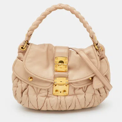 Pre-owned Miu Miu Light Beige Matelasse Lux Leather Small Coffer Hobo In Sand