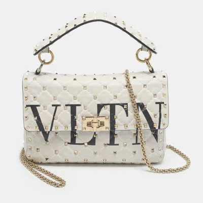 Pre-owned Valentino Garavani White Quilted Leather Medium Vltn Rockstud Spike Shoulder Bag