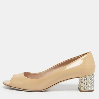 Pre-owned Miu Miu Beige Patent Leather Crystal Embellish Block Heel Pumps Size 38 In Sand