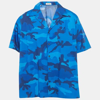 Pre-owned Valentino Blue Camouflage Print Cotton Shirt L