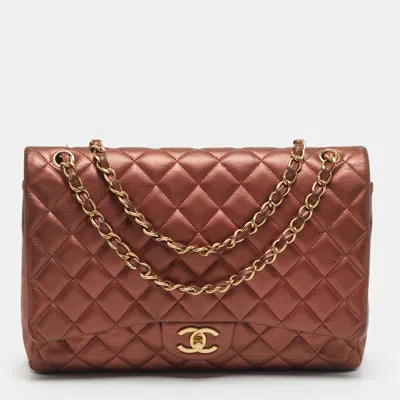 Pre-owned Chanel Metallic Brown Quilted Leather Maxi Classic Double Flap Bag In Silver