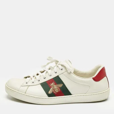 Pre-owned Gucci White Leather And Snakeskin Embossed Leather Ace Lace Up Sneakers Size 40