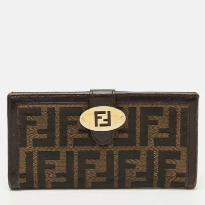 Pre-owned Fendi Tobacco Zucca Canvas And Leather Forever Continental Wallet In Brown