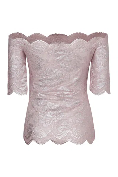 Rabanne Foiled Metallic Stretch Lace Off The Shoulder Top In Pink
