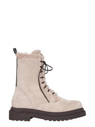 Brunello Cucinelli Gray Suede Boots With Shiny Loop Detail In White