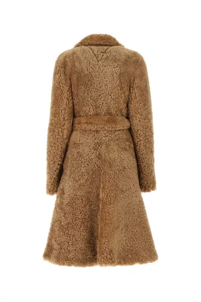 Bottega Veneta Women Camel Shearling Coat In Brown