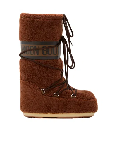 Moon Boot Icon Faux Leather-trimmed Fleece Snow Boots In Brown