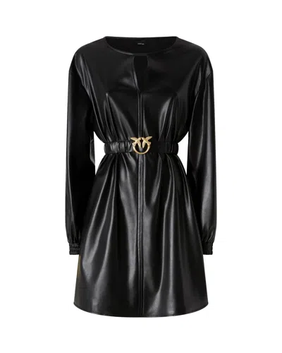 Pinko Short Black Leather-effect Dress In Black