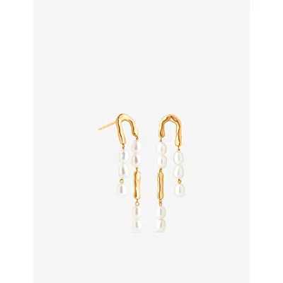 Astrid & Miyu Womens 18ctgoldplatedsilver Pearl Molten 18ct Yellow-gold Plated Sterling-silver And Pearl Drop Stud In Gold