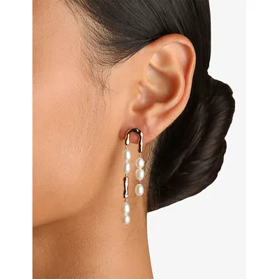 Astrid & Miyu Womens 18ctgoldplatedsilver Pearl Molten 18ct Yellow-gold Plated Sterling-silver And Pearl Drop Stud In Gold