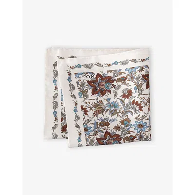 Eton Mens Beige Floral-print Silk Pocket Squar In Burgundy