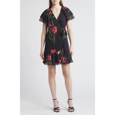 Ted Baker London Sienno Floral Puff Sleeve Satin Jacquard Minidress In Black