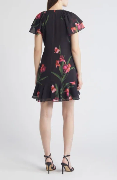 Ted Baker London Sienno Floral Puff Sleeve Satin Jacquard Minidress In Black