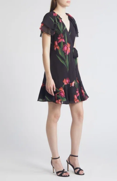 Ted Baker London Sienno Floral Puff Sleeve Satin Jacquard Minidress In Black
