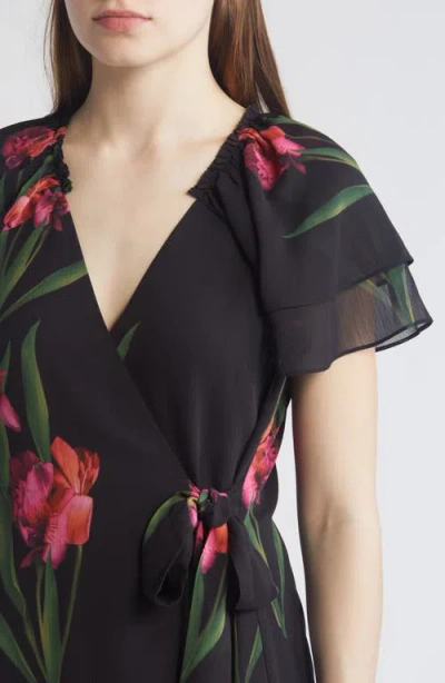 Ted Baker London Sienno Floral Puff Sleeve Satin Jacquard Minidress In Black