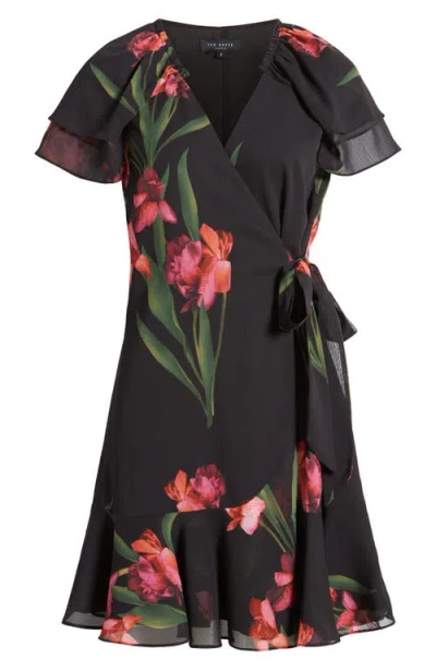 Ted Baker London Sienno Floral Puff Sleeve Satin Jacquard Minidress In Black
