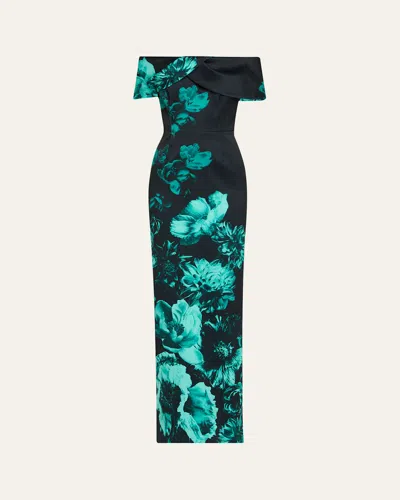 Rickie Freeman For Teri Jon Off-shoulder Stretch Mikado Column Gown In Green