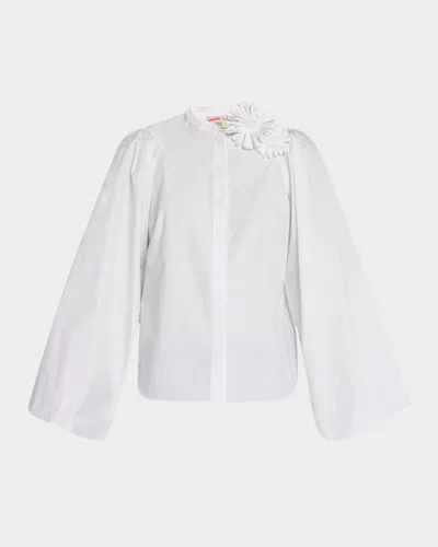 Maison Common Flower Pin Balloon-sleeve Cotton Blouse In White