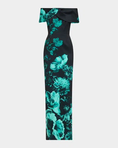 Rickie Freeman For Teri Jon Off-shoulder Stretch Mikado Column Gown In Multi