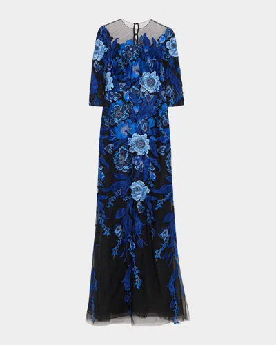 Rickie Freeman For Teri Jon Floral Embroidered Tulle Gown In Multi