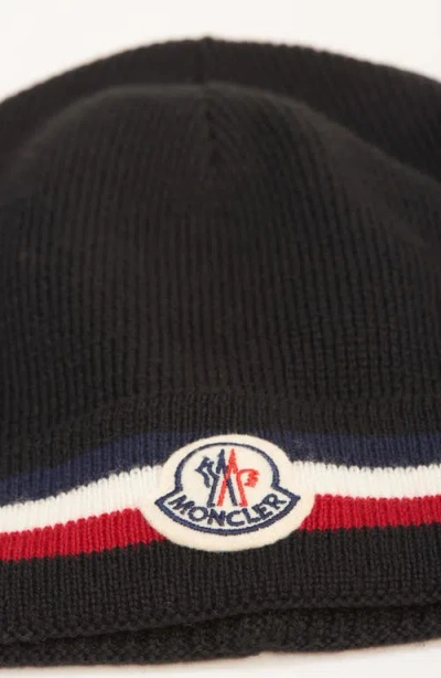 Moncler Tricolor Stripe Ribbed Wool Beanie In Black